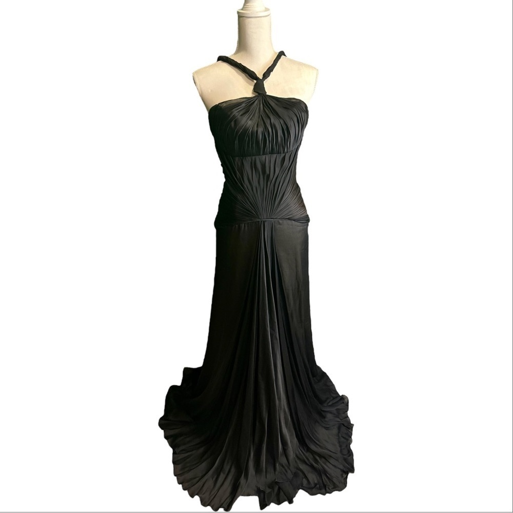 Celeb Worn Rafael Cennamo Silk Black Twist Strap Halter Neck Pleated Gown Size 4